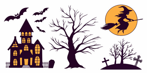 Decorative Halloween silhouettes featuring a witch, haunted house, bats, and tombstones