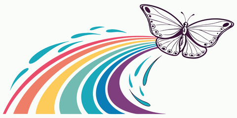 Colorful butterfly emerging from a vibrant rainbow with flowing waves in an artistic illustration of nature and beauty