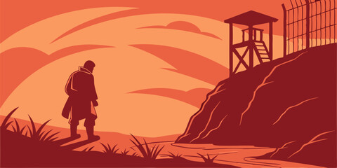 Silhouette of a figure by a watchtower during sunset near a rocky landscape