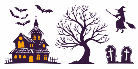 Halloween decorations featuring a haunted house, bats, and a witch with a broomstick in a spooky setting