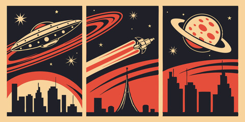 Retro space travel artwork features a spaceship and planets over an urban skyline at night