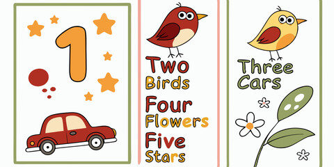 Educational fun with numbers and nature featuring birds, flowers, and cars designed for young learners
