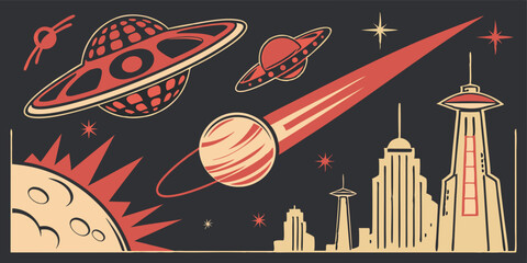 Space-themed retro illustration featuring planets, a comet, and a skyline under a starry backdrop