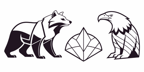 Intricate animal designs featuring a bear, eagle, and a leaf in a minimalistic and modern style