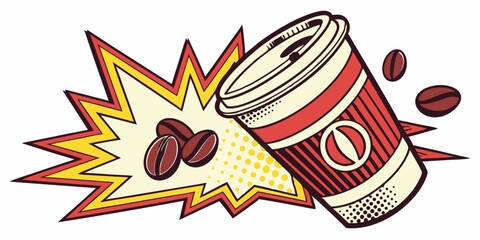 Coffee cup spills beans in a dynamic pop art style with vibrant colors and energetic design