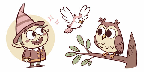 Friendly elf interacts with a cheerful bird and wise owl in a whimsical forest setting