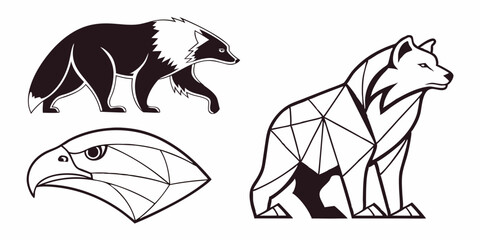 Wildlife illustrations showcasing a fox, eagle, and wolf in geometric designs on a plain background