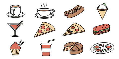 Variety of delicious food and drinks displayed in a colorful graphic with classic favorites