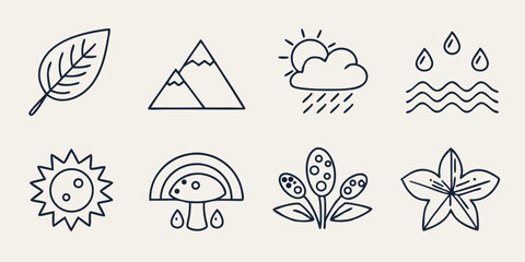 Nature-themed illustrations depicting various elements like leaves, mountains, weather, water, and plants in a simple design