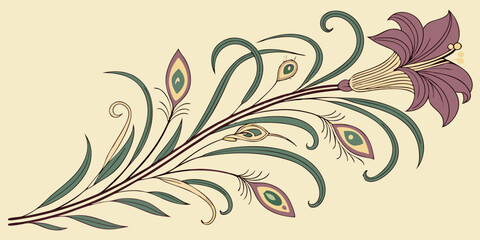 Vibrant floral design featuring a lily and decorative leaves on a pale background