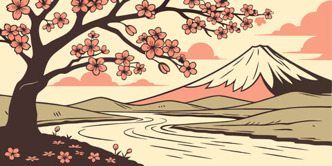 Cherry blossoms bloom near a serene river and majestic mountain in a tranquil landscape during springtime