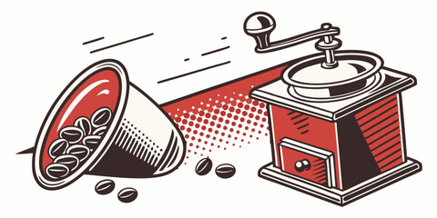 Vintage coffee grinder with spilled beans on a wooden table during a quiet morning