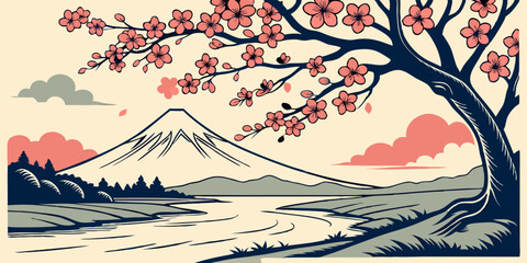 Mount Fuji stands proudly beside a tranquil river adorned with cherry blossoms in bloom during a serene spring day