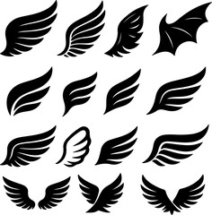 Fototapeta premium Black vector wing set with bird and feather silhouettes in tribal style