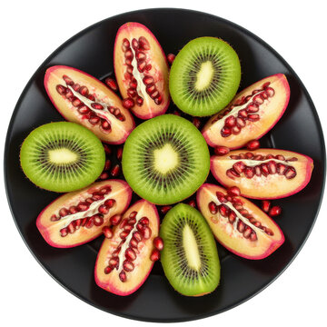 Colorful plate with kiwi, and tamarillo fruits and pomegranate seeds as a beautiful display