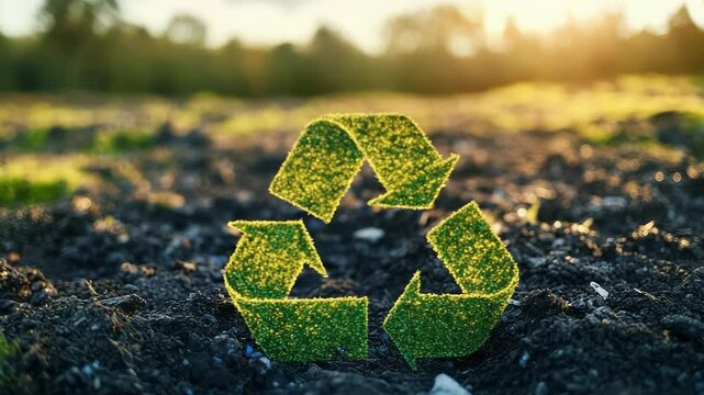 Green recycling symbol on fertile soil during sunset in a cultivated field, representing sustainability, waste reduction, environmental care, and agricultural eco-practices with copy space