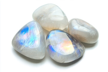 Iridescent moonstone with a unique moonlight-like glow isolated on a white background for an ethereal and artistic concept