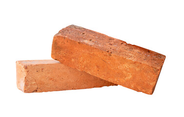 Side view of two cracked old red or orange bricks in stack isolated with clipping path in png file format