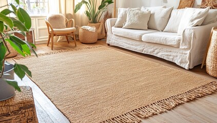 Jute rug with fringed edges in cozy living room with modern furniture and potted plants