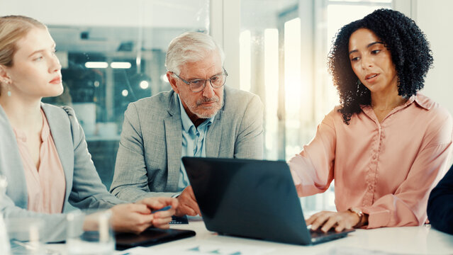 Boardroom, collaboration and woman with laptop, discussion and investment idea on website or online. Corporate, financial analyst and people with tech for opportunity, talking or research for meeting - Powered by Adobe