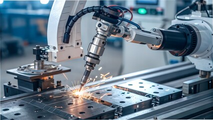 Precision Robotics: A detailed image captures a high-tech robotic arm, meticulously engaged in welding within a modern industrial setting. sparks are flying.