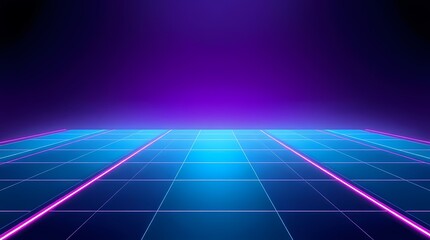 A blue and purple grid pattern with glowing pink lines converging towards the horizon