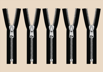 Vector illustration of black zipper icons with silver sliders in different positions - zipper, icons, vector, black, silver, slider, fastener, clothing, fashion, graphic. © Lotus