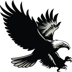 Illustration of a black and white eagle silhouette with wings spread wide, symbolizing strength, power, and freedom. This bold and dynamic bird of prey image is ideal for patriotic, wildlife.