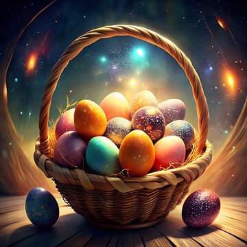 
Easter basket with colorful eggs on wooden table against starry night sky