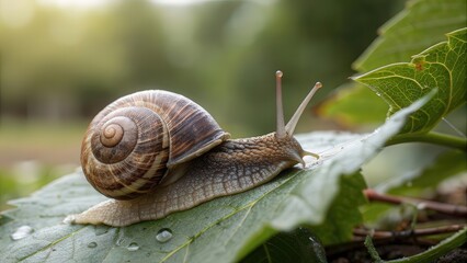 Close-up of snail on leaf for national snail day celebration and nature awareness