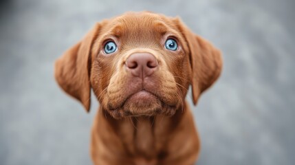 A close-up portrait of an adorable brown puppy with striking blue eyes, radiating innocence and charm, invoking feelings of joy and warmth in a gentle setting.