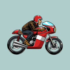 A Bearded Man wearing open face crash helmet riding a red retro cafe racer motorcycle from side view, isolated cartoon illustration on a light background