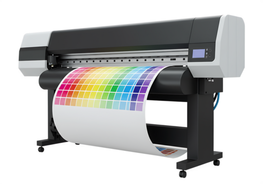 High quality printing with professional inkjet large format printer and color test chart Isolated on transparent background