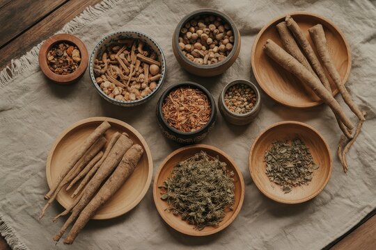 Assorted dried herbs and roots displayed in bowls and wooden plates