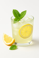 Refreshing lemonade with mint and ice on white background, high detail