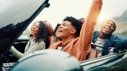 Drive, singing and road trip with happy friends in car together for holiday, travel or vacation....