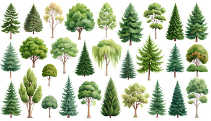 Artistic Watercolor Tree Pack – Mixed Foliage Styles, Transparent PNG Elements