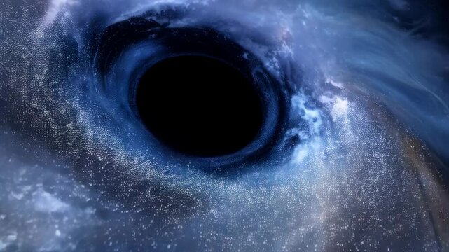 Eerie black hole in space with swirling nebula, gases and celestial dust, cosmic event horizon and gravitational pull