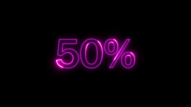 Glowing Neon number 50% animation. Stock business product Offer sell 50 percent number.