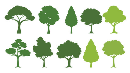 Set of green various trees silhouettes