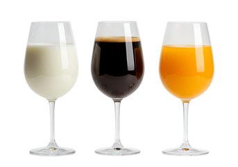 Three wine glasses containing beverages milk coffee and orange juice Isolated on transparent background