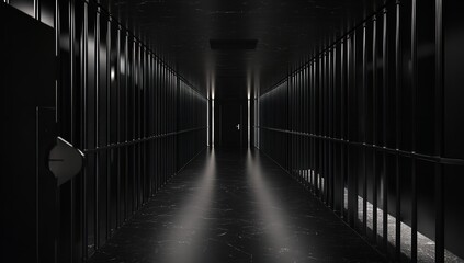 Long prison cell with metal bars and lock in a dramatic black and white background