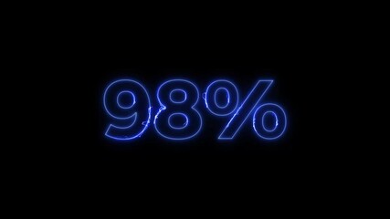 Glowing Neon number 98% animation. Stock business product Offer sell 98 percent number.