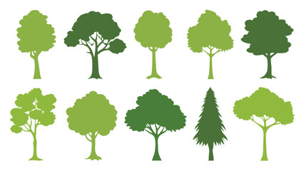 Set of green various trees silhouettes