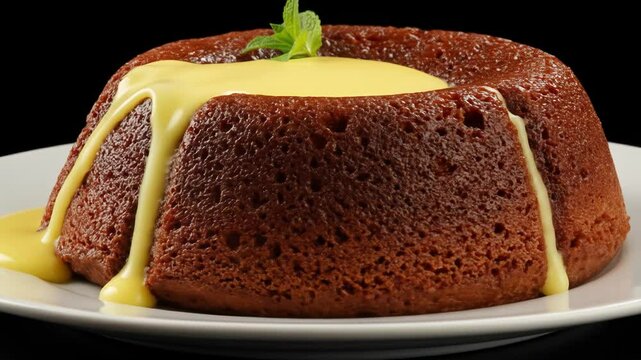 Traditional South African Malva pudding a sweet sponge cake drizzled with creamy custard sauce