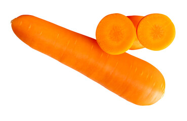 Side view of one fresh orange carrot root with slices in circles in stack isolated on white background with clipping path