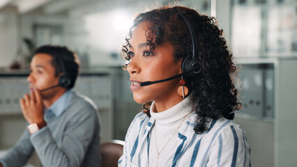 Microphone, agent and call center with business woman for virtual consultant, help desk and crm....