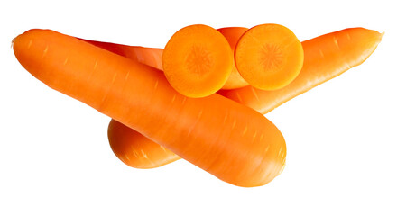 Side view of three fresh orange carrot roots with slices in circles in stack isolated with clipping path in png file format