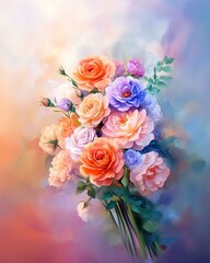A vibrant bouquet of colorful roses in soft hues.