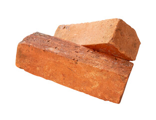 Side view of two cracked old red or orange bricks in stack isolated on white background with clipping path